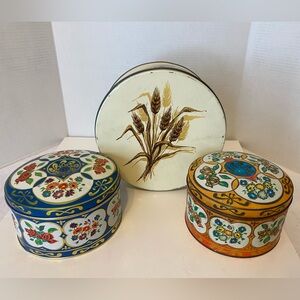 3 Vintage Round Tins-2 Colourful Floral/1 Cream & Wheat